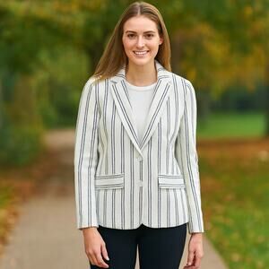TALBOTS SZ 6 ABERDEEN KNIT BLAZER - TEXTURED PONTE - STRIPE Cream Blue